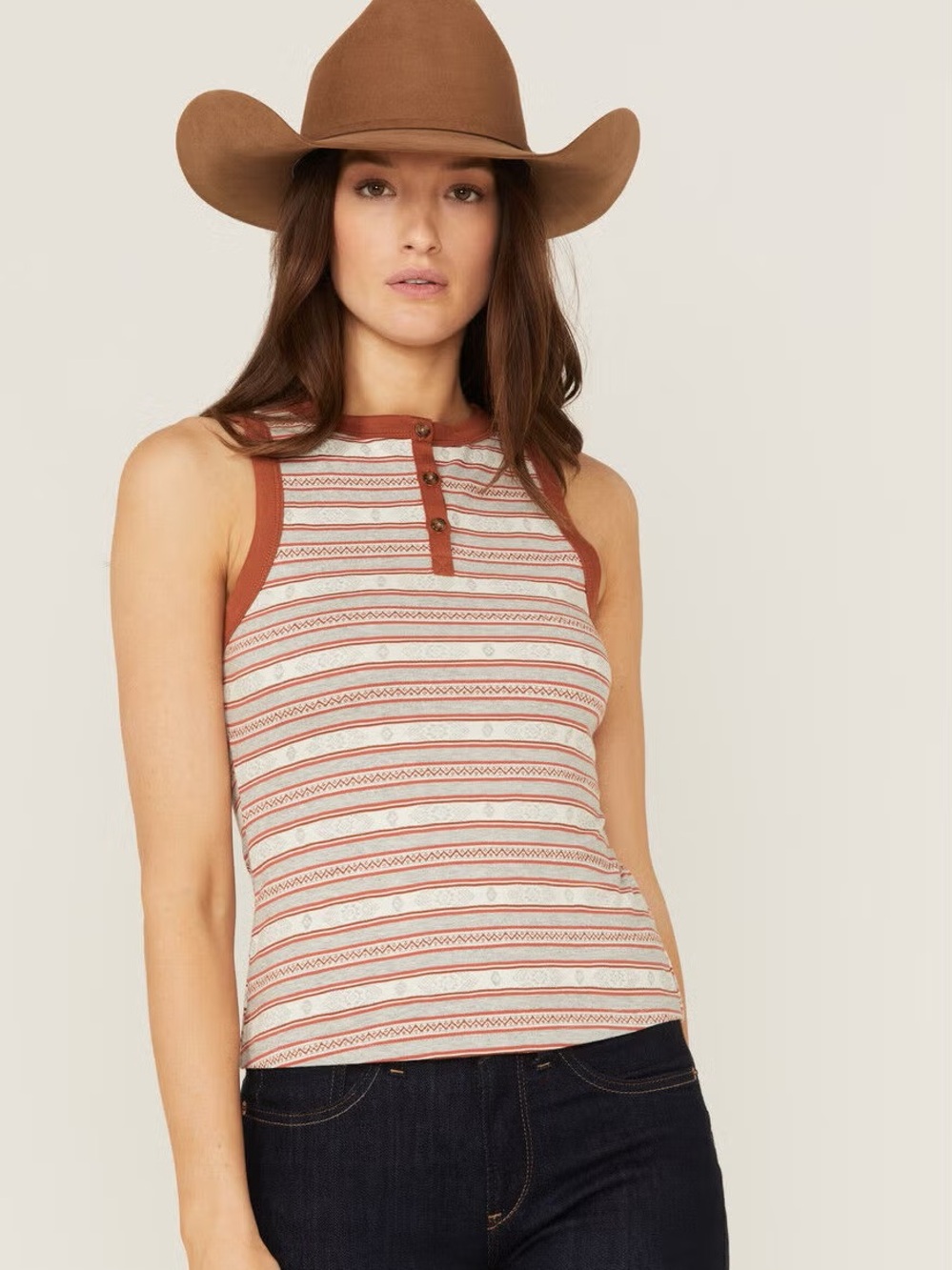 Rank 45 Southwestern Striped Henley Tank Top Rust Copper/Gray
